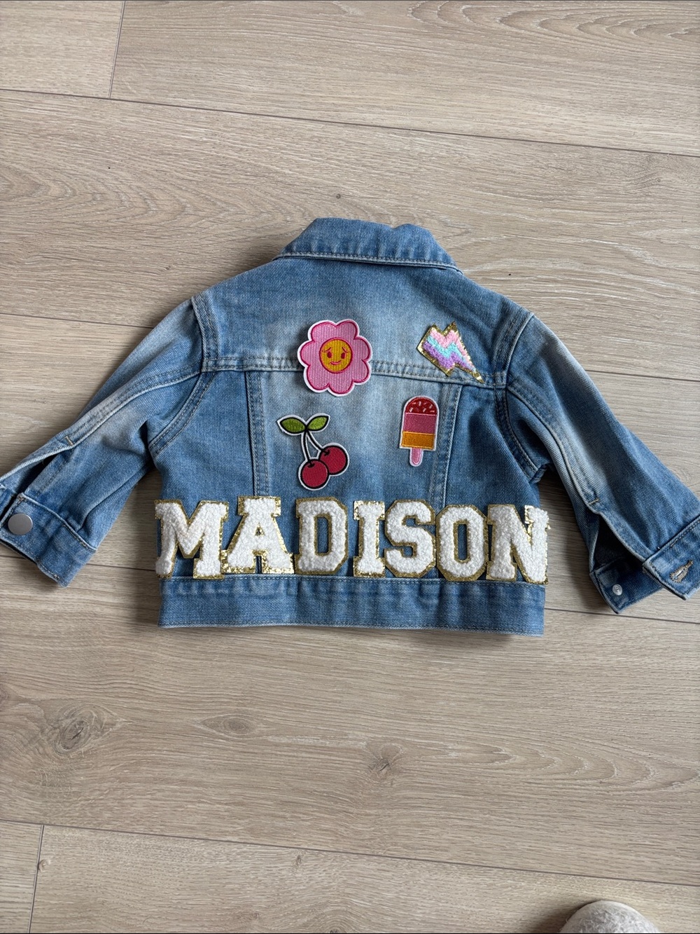 Kids Customized Light Blue Denim Jacket with Sequin Name ‘Madison’